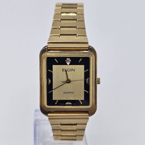 Elgin Women's Watch 26MM Black Gold Dial Gold Bracelet Band Up to 7" New Battery - Picture 1 of 11